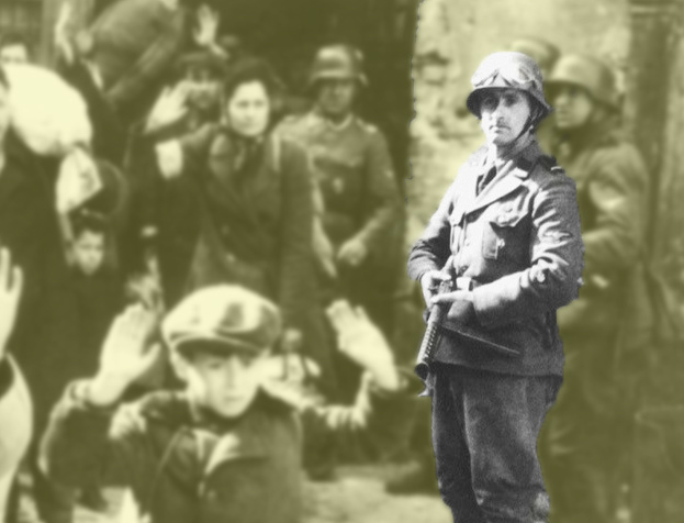 Image of soldier looking over child